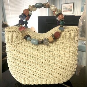 Cappella Strawworkd Beaded Handle Cream Woven Bag